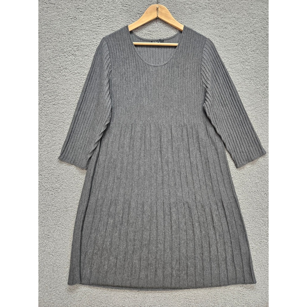 Eileen Fisher Knit Dress XL Gray Wool Ribbed Fit Flare Lagenlook Minimalist